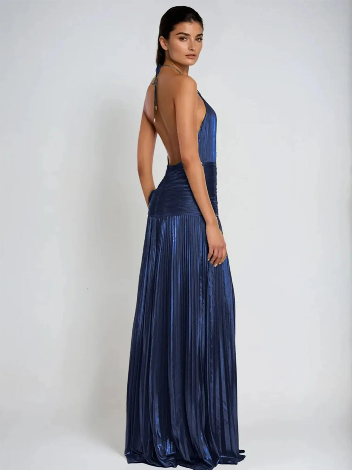 Amara Pleated Halter Maxi Dress with High Slit