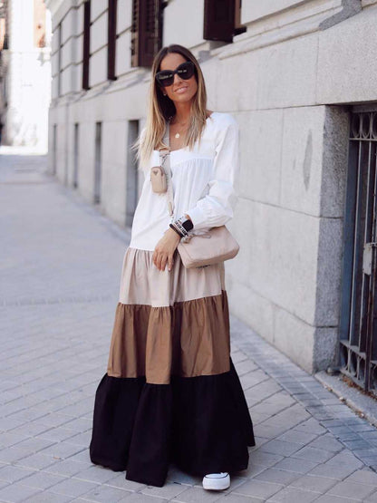 Sexy Colorful Four-Layer Plain Color-Block Maxi Dress