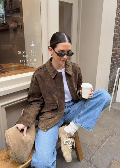 Suede Effect Oversized Jacket With Front Pockets