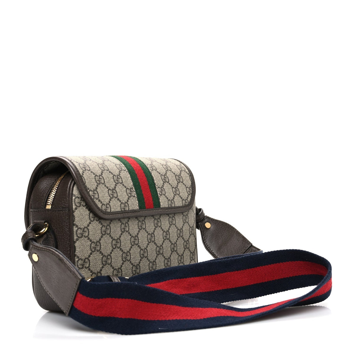 GG Supreme Monogram Textured Dollar Calfskin Web Studded Mini Ophidia Flap Shoulder Bag Beige Ebony New Acero