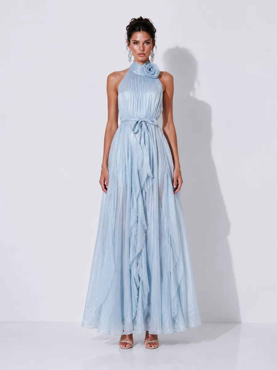 Elena 3D Floral Halter-Neck Pleated Maxi Dress