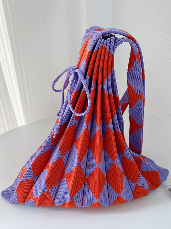 Contrast Color Drawstring Pleated Rhombus Woven Handbags
