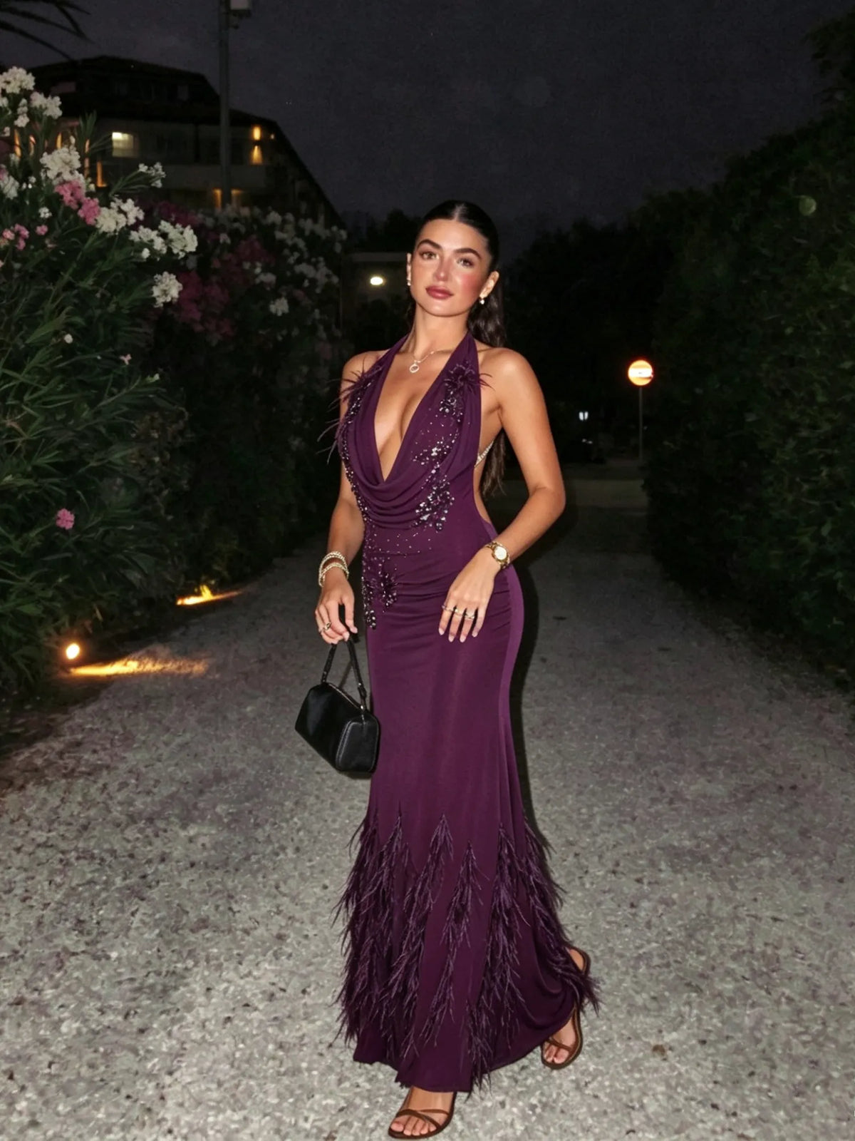 Maren Halter Feather Rhinestone Maxi Dress In Plum