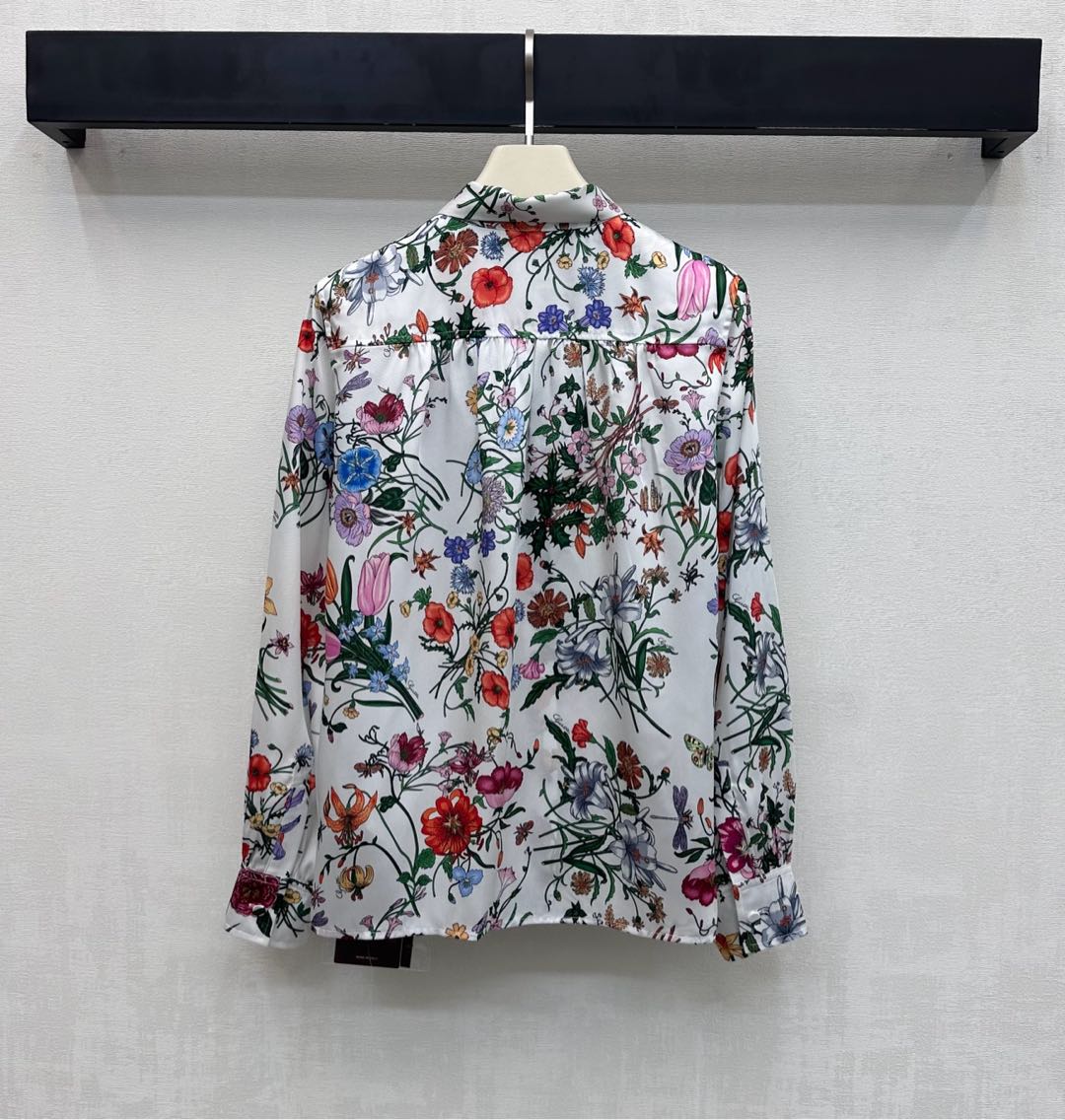 GG SS26 Flora Printed Collared Shirt White Multicolor Silk 351788