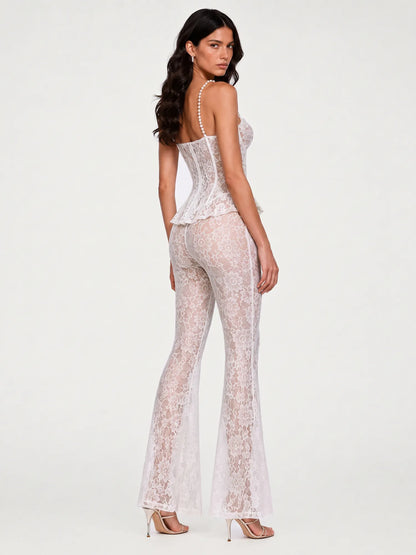 Annabel Lace Embroidery and Pearl-Strap Top with Trousers Set