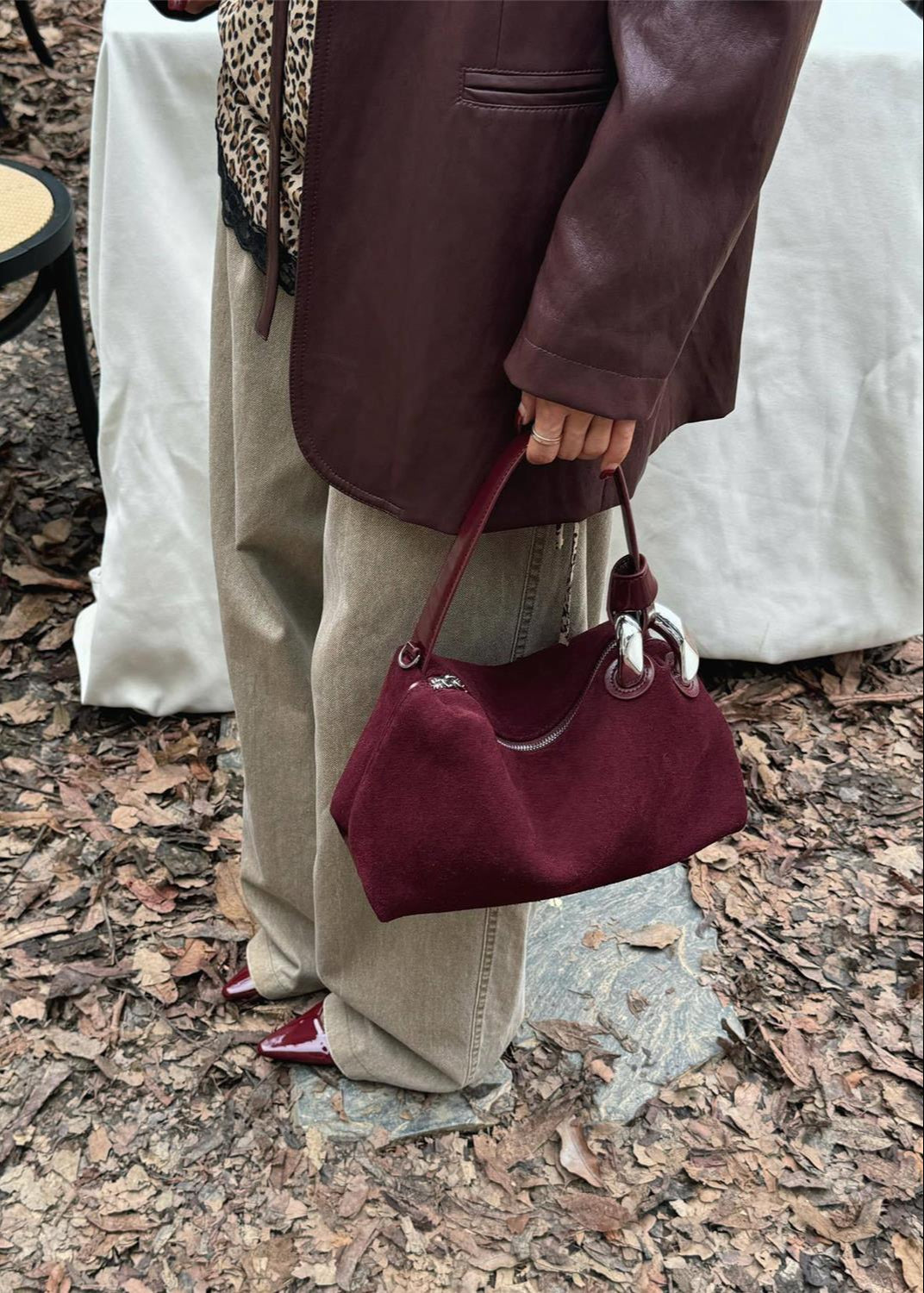 Suede Shoulder and Crossbody Bag With Leather Straps
