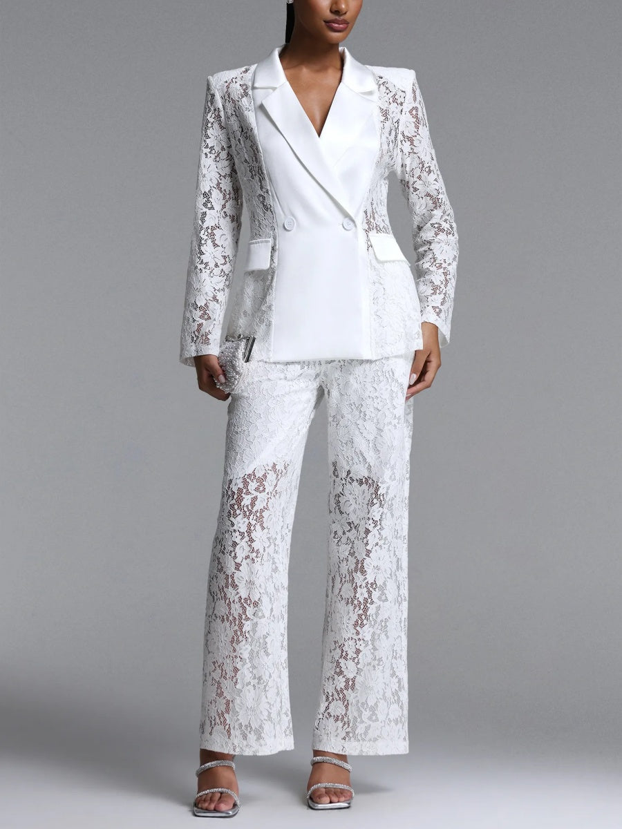 Elara Lace Satin-Trimmed Blazer & Wide-Leg Pant Suit