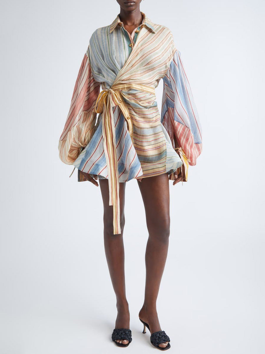 Piper Asymmetric Stripe Long Sleeve Linen & Silk Shirtdress