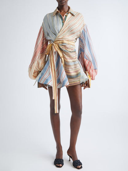 Piper Asymmetric Stripe Long Sleeve Linen & Silk Shirtdress