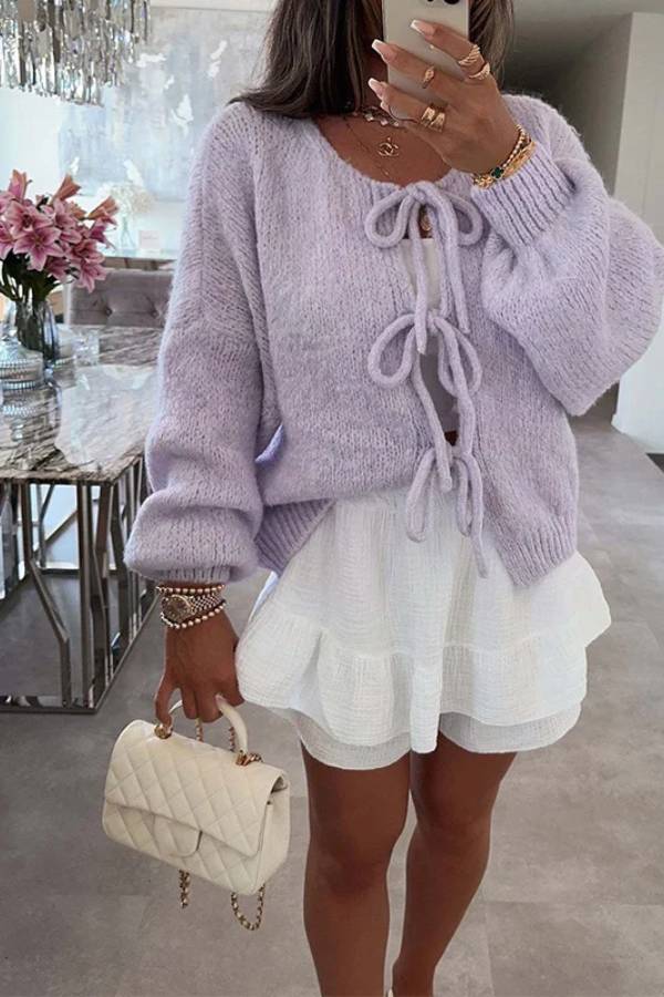 Stylish Solid Color Crew Neck Lace-up Sweater