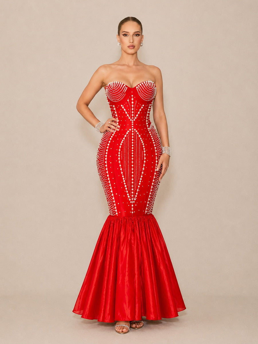 Arielle Sexy Strapless Pearl-Beaded Maxi Dress