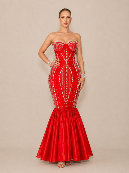Arielle Sexy Strapless Pearl-Beaded Maxi Dress