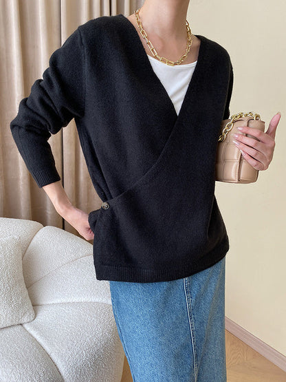 Long Sleeves Loose Asymmetric Buttoned V-Neck Cardigan Tops