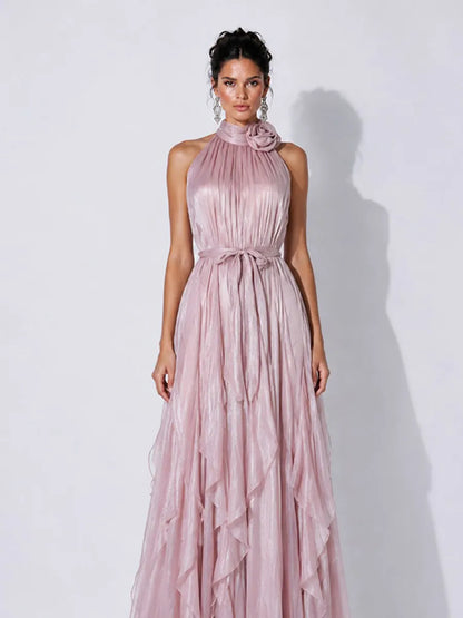 Elena 3D Floral Halter-Neck Pleated Maxi Dress