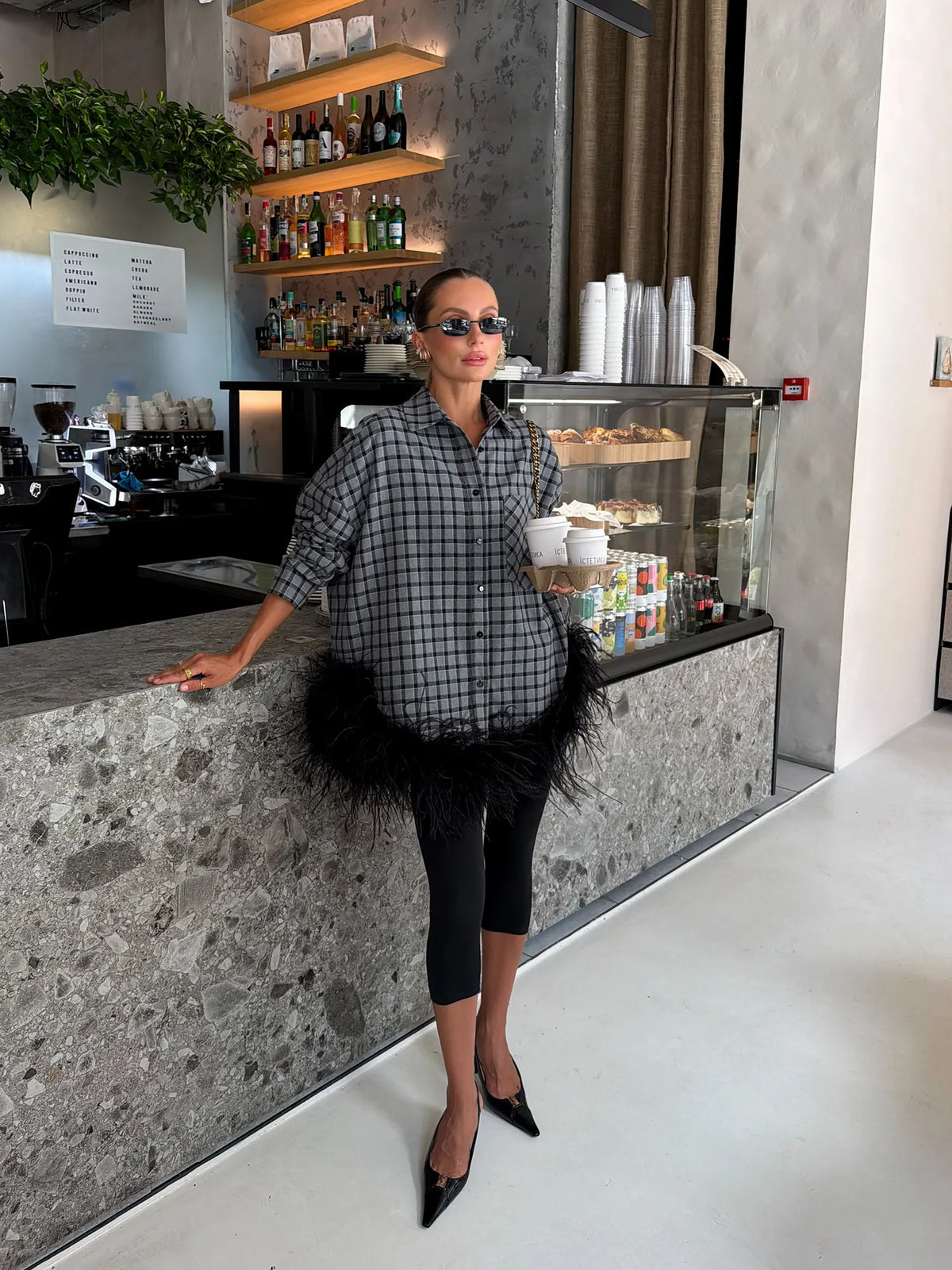 Kaelin Plaid Feather Trim Mini Shirt Dress In Black