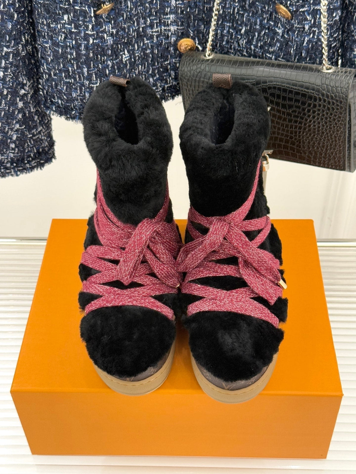 LV Cloud Lace-Up Ankle Boot Sneaker Black-Red Shearling Monogram Canvas 572470