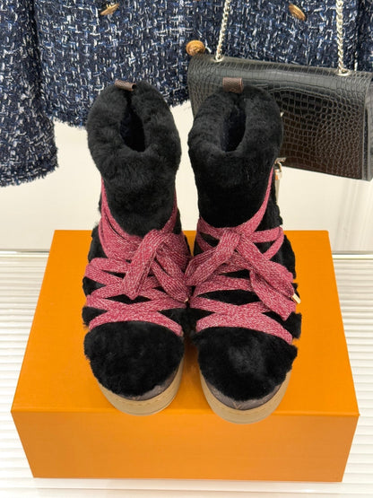 LV Cloud Lace-Up Ankle Boot Sneaker Black-Red Shearling Monogram Canvas 572470