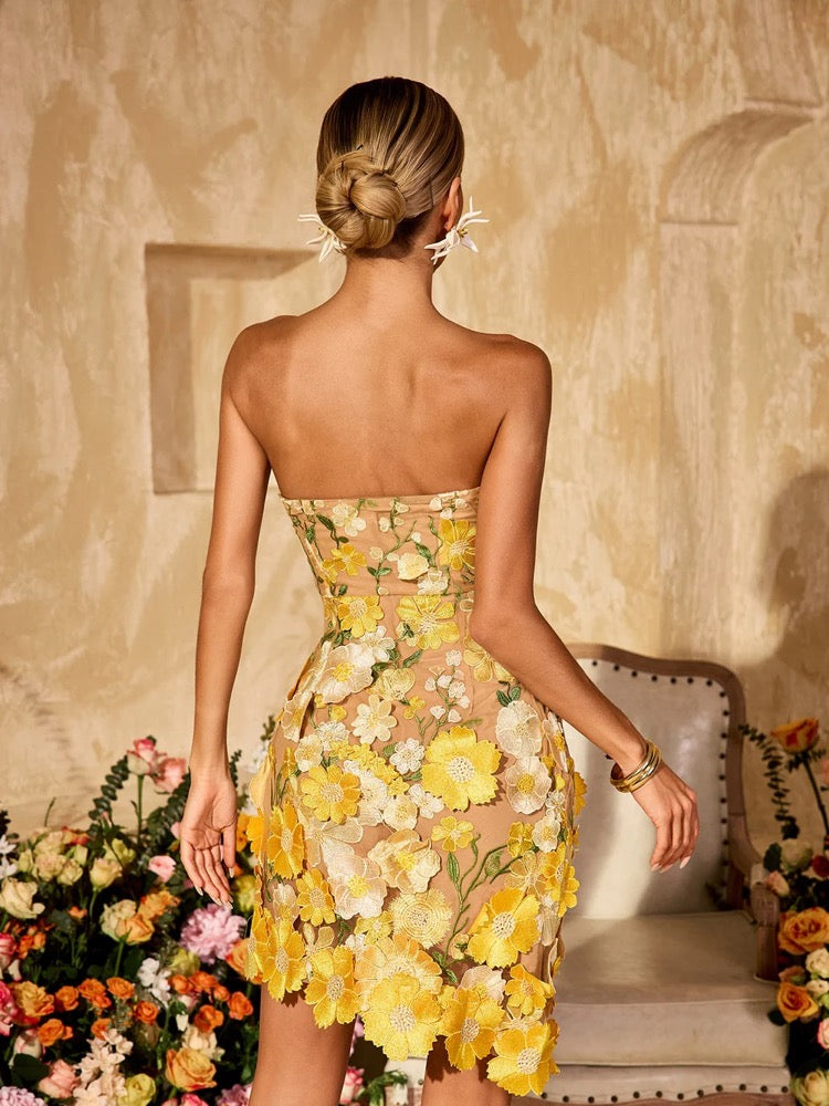 Alirio Strapless Embroidered Flower Mini Dress