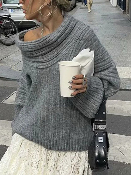 Long Sleeves Loose Pleated Solid Color Split-Joint Off-The-Shoulder Sweater