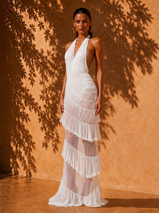 Clara Backless Deep V-Neck Mesh Maxi Dress