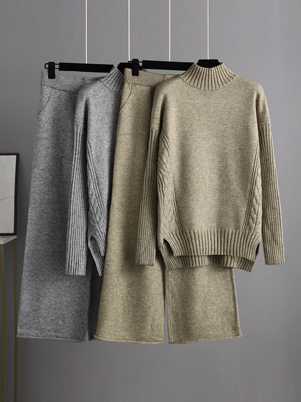 Urban High-Low Wide Leg Split-Side Solid Color Half Turtleneck Sweater Tops Pants Two Pieces Set