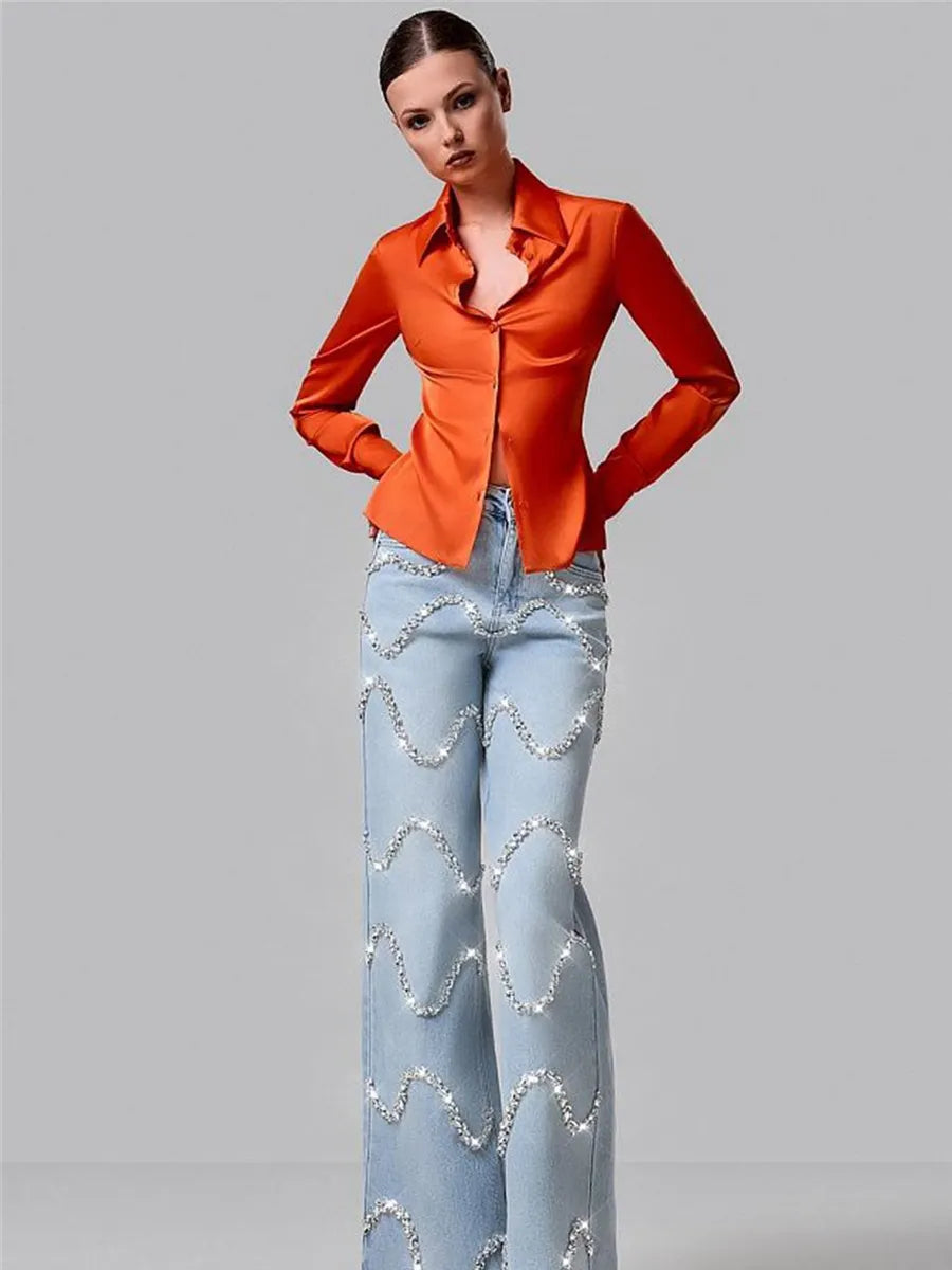 Lucienne Curved Rhinestone-Paneled Jeans