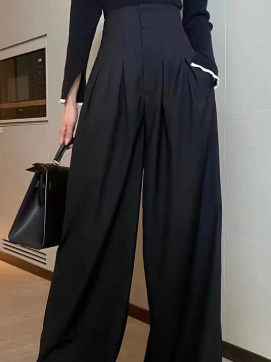 Wide Leg Feeling Of Drape High-Waisted Pockets Solid Color Casual Pants