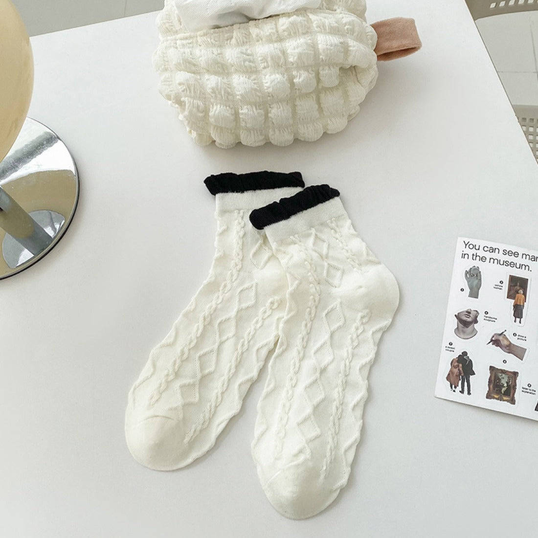 Rufia - Black and White Lace Trim Ankle Socks