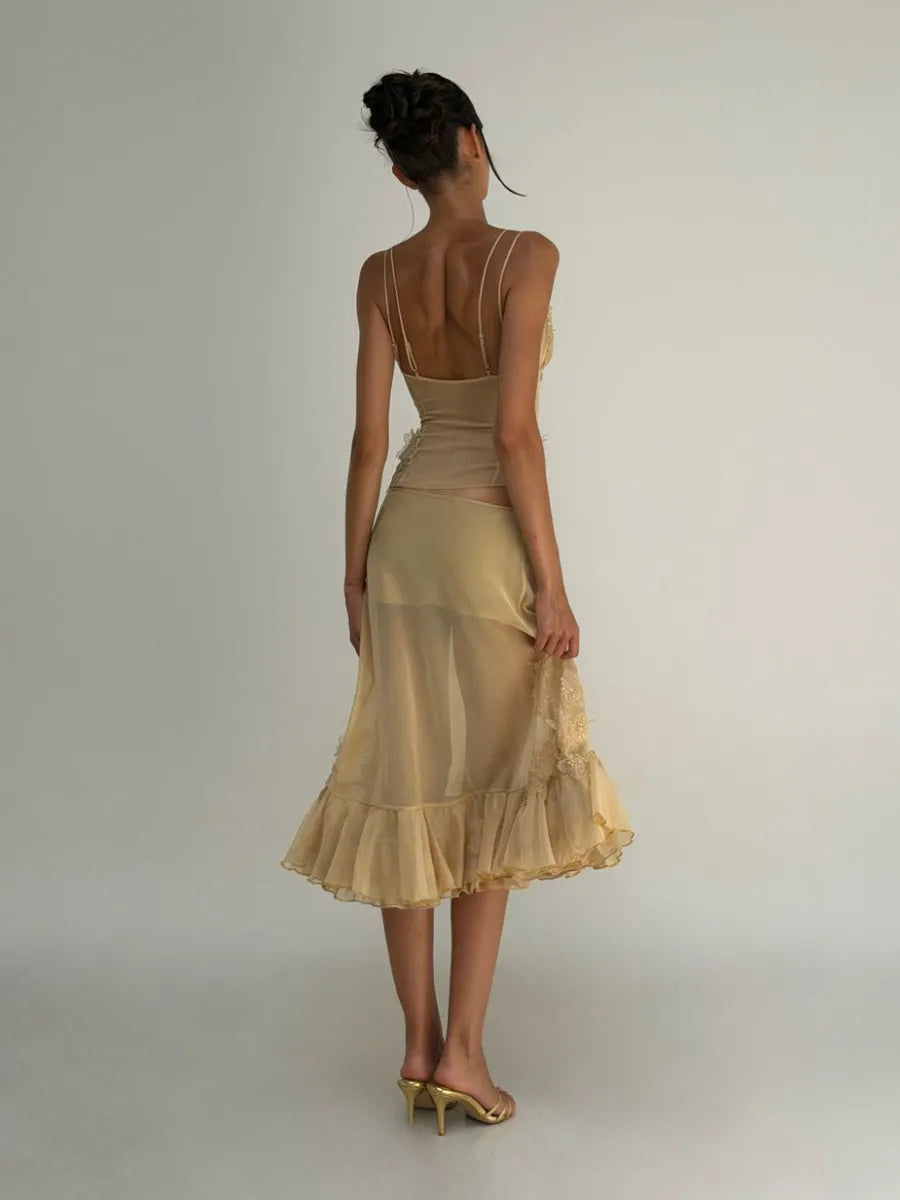 Rosalie Lace Appliqué Mesh Two Piece Midi Set in Yellow
