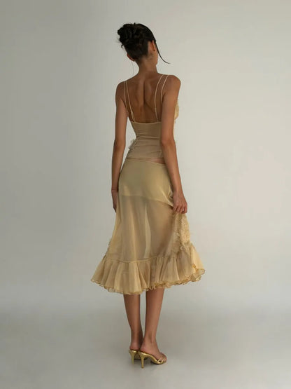Rosalie Lace Appliqué Mesh Two Piece Midi Set in Yellow