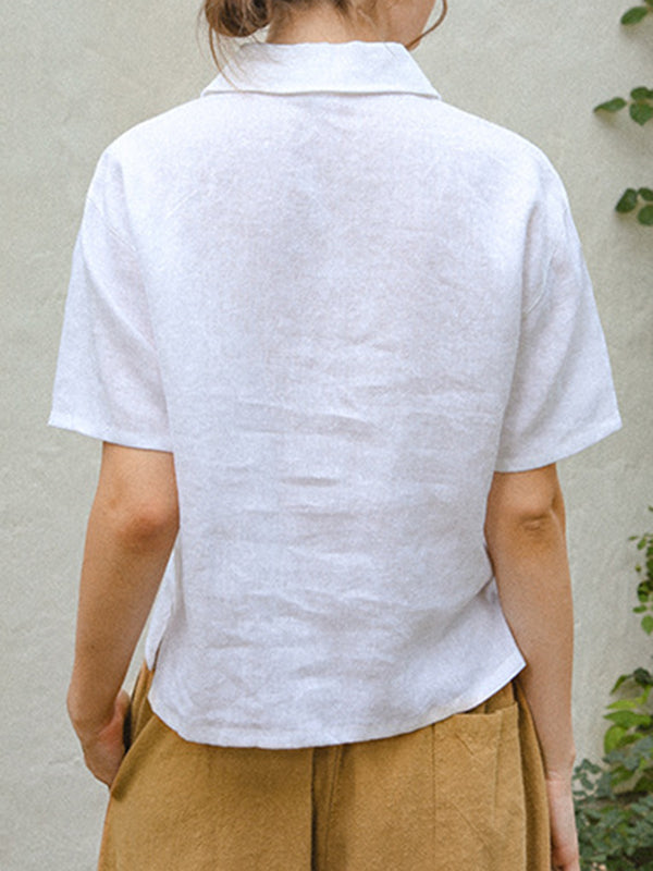 Loose Short Sleeves Buttoned Pleated Solid Color Split-Side Lapel Blouses&Shirts Tops