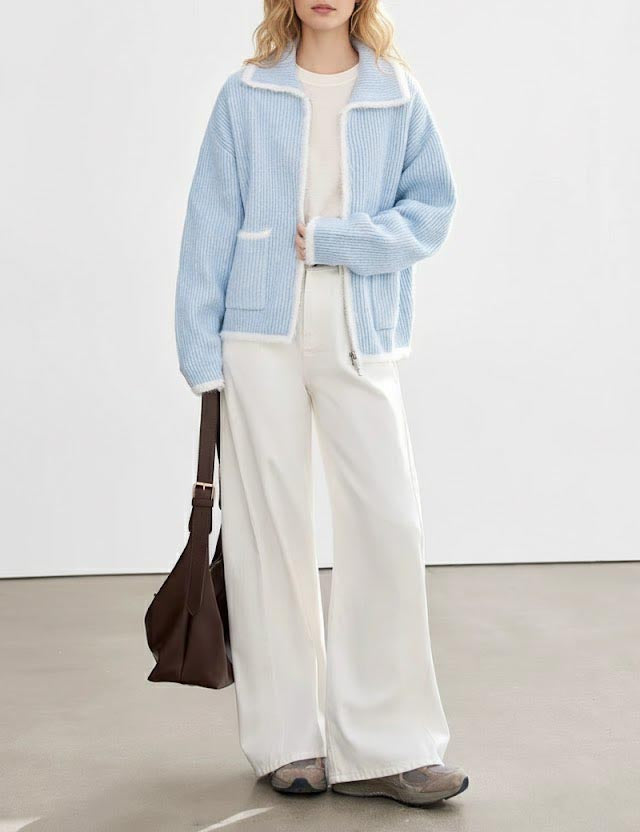 Soft Color Block Zipper Lapel Pocket Knit Cardigan