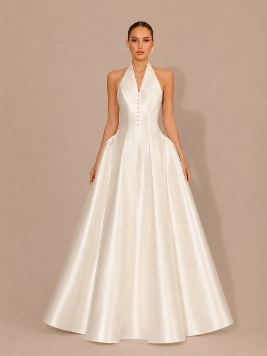 Rhiannon Elegant Satin Halter-Neck Open-Back Maxi Dress