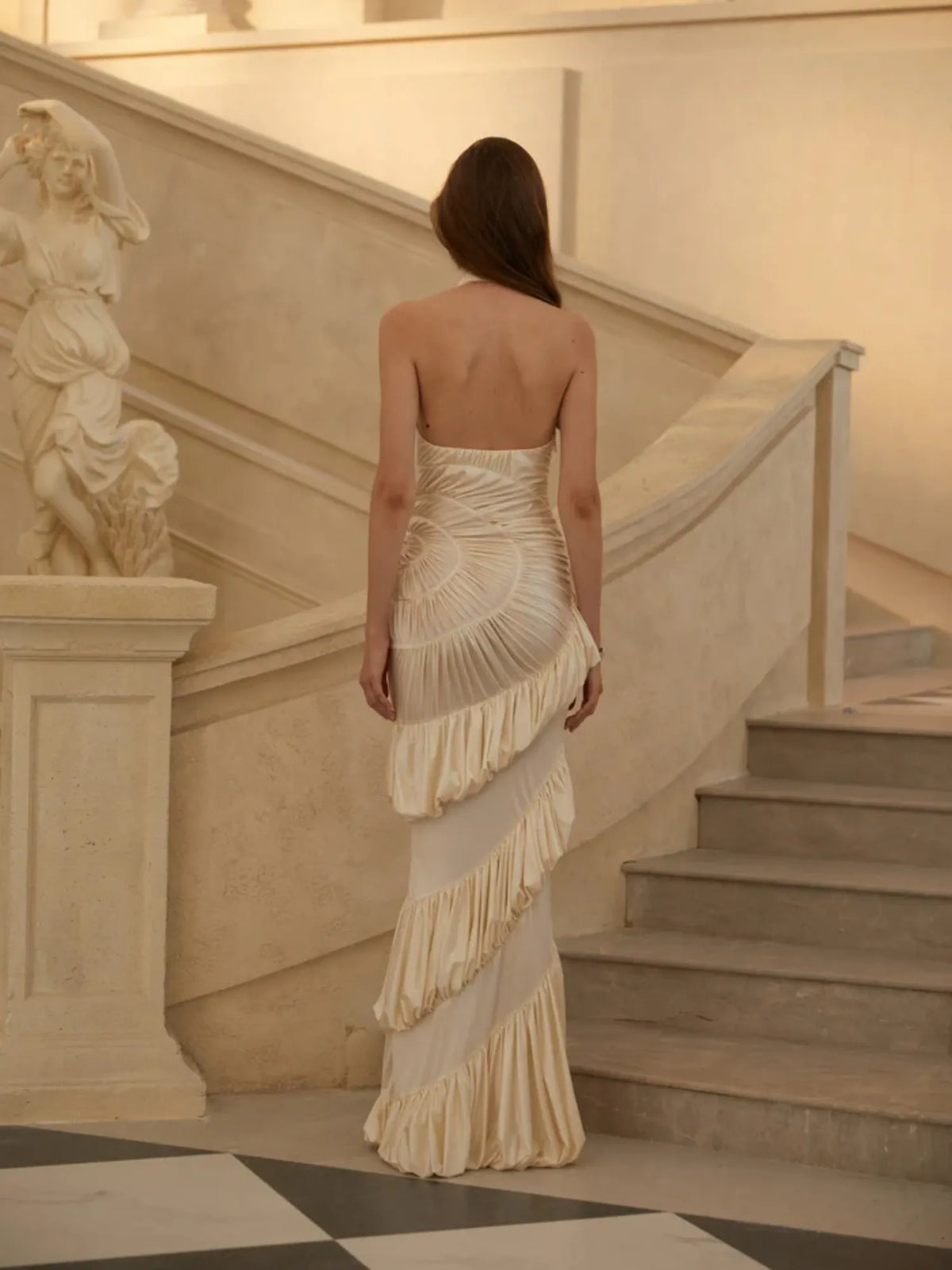 Selene Ruched Halter Satin Maxi Dress in Champagne