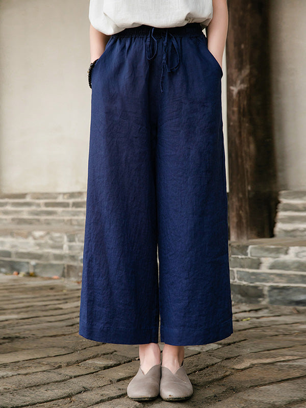 Simple Linen Column Elasticity Waist Bandage Pants