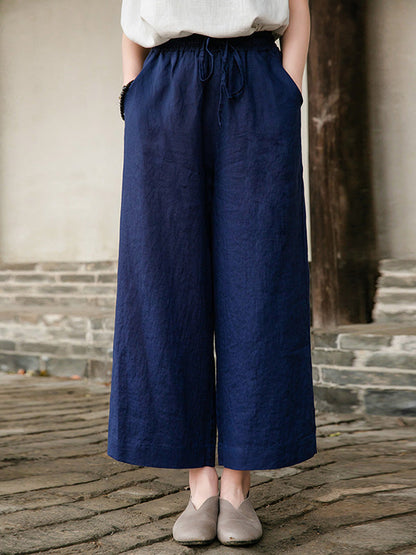 Simple Linen Column Elasticity Waist Bandage Pants