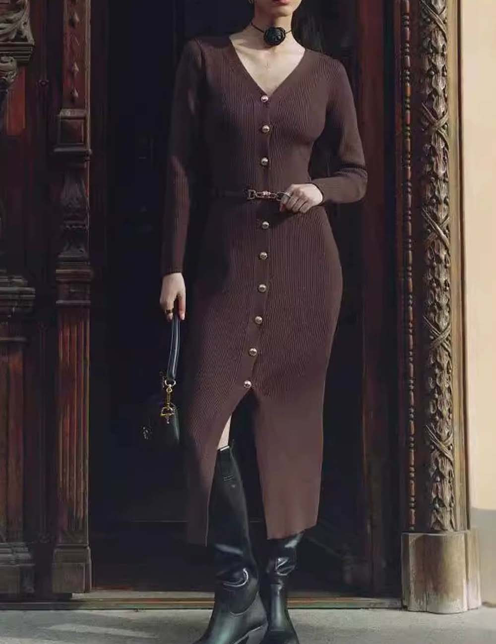 Fall Long Sleeve V-Neck Button Knit Dress