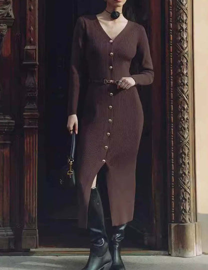 Fall Long Sleeve V-Neck Button Knit Dress