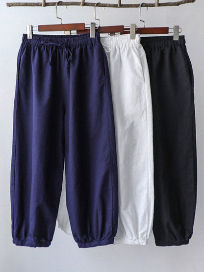 Simple Linen Solid Color Elasticity Waist Loose Knickerbockers&Capri-Pants