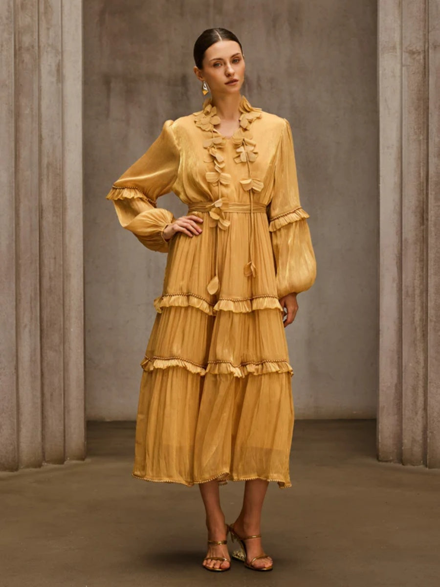 Vivienne Tiered Floral-Appliqué Chiffon Midi Dress