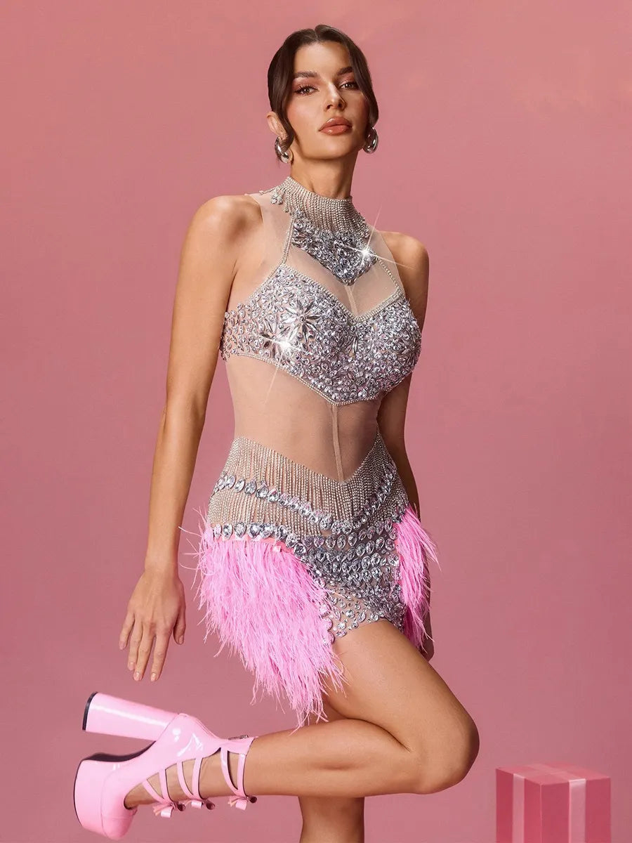 Marcella Rhinestone Crystal Fringe Mini Dress