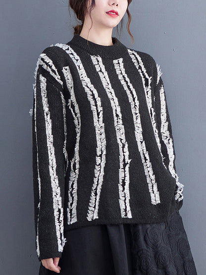 Casual Long Sleeves Loose Tasseled Round-Neck Sweater Tops