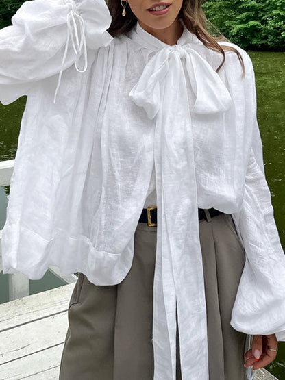 Loose Puff Sleeves Bandage Solid Color Blouses&Shirts Tops