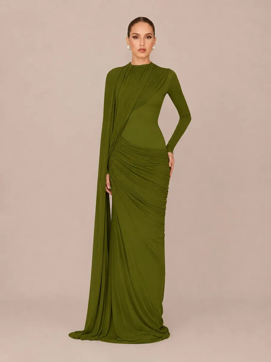 Luna Ruffled Ribbon Round Neck Long Sleeve Maxi Dress