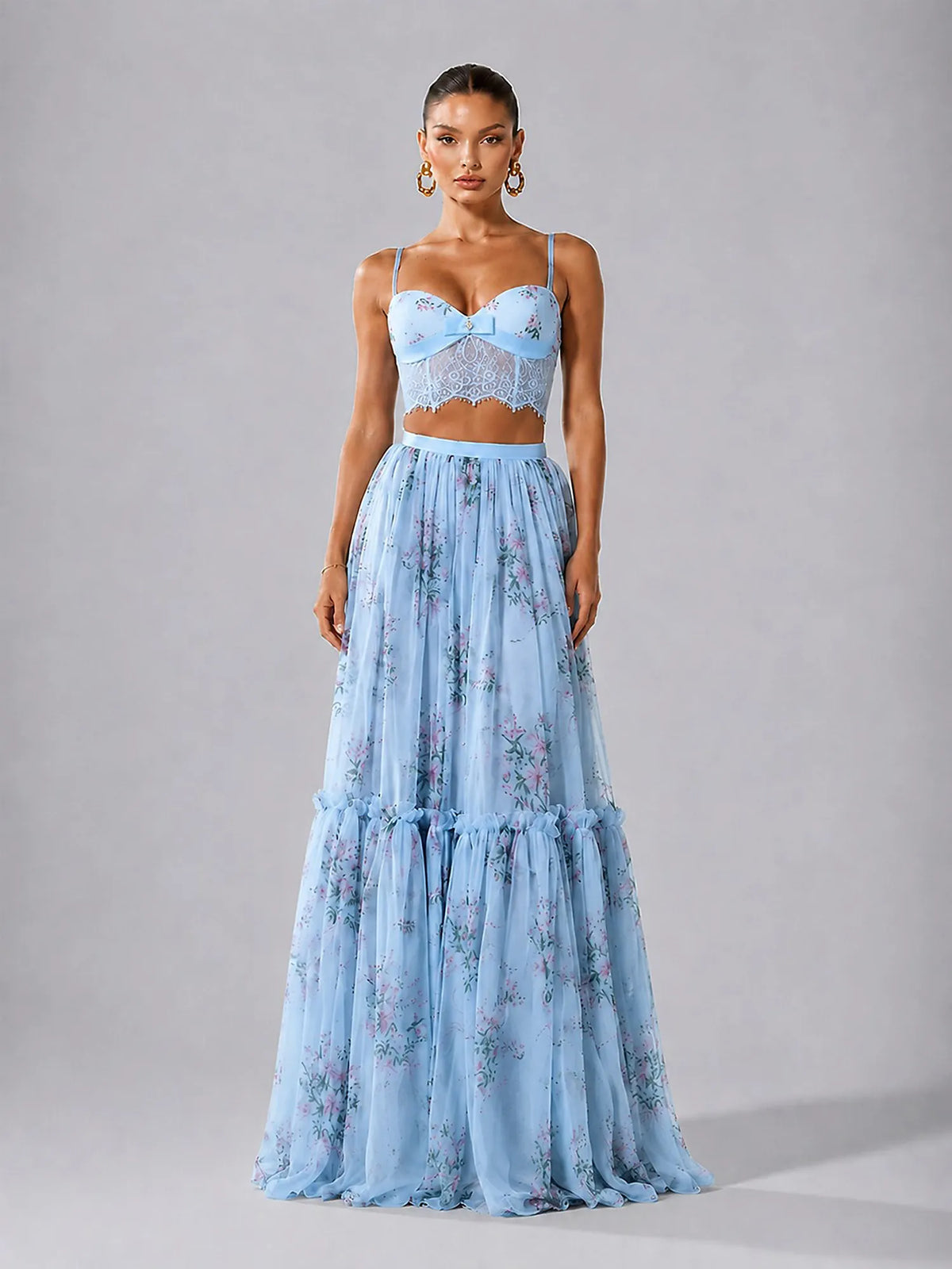 Cyra Chiffon Floral Print Maxi Skirt Set