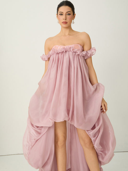 Calliope Pink Off Shoulder High Low Ruffle Maxi Dress
