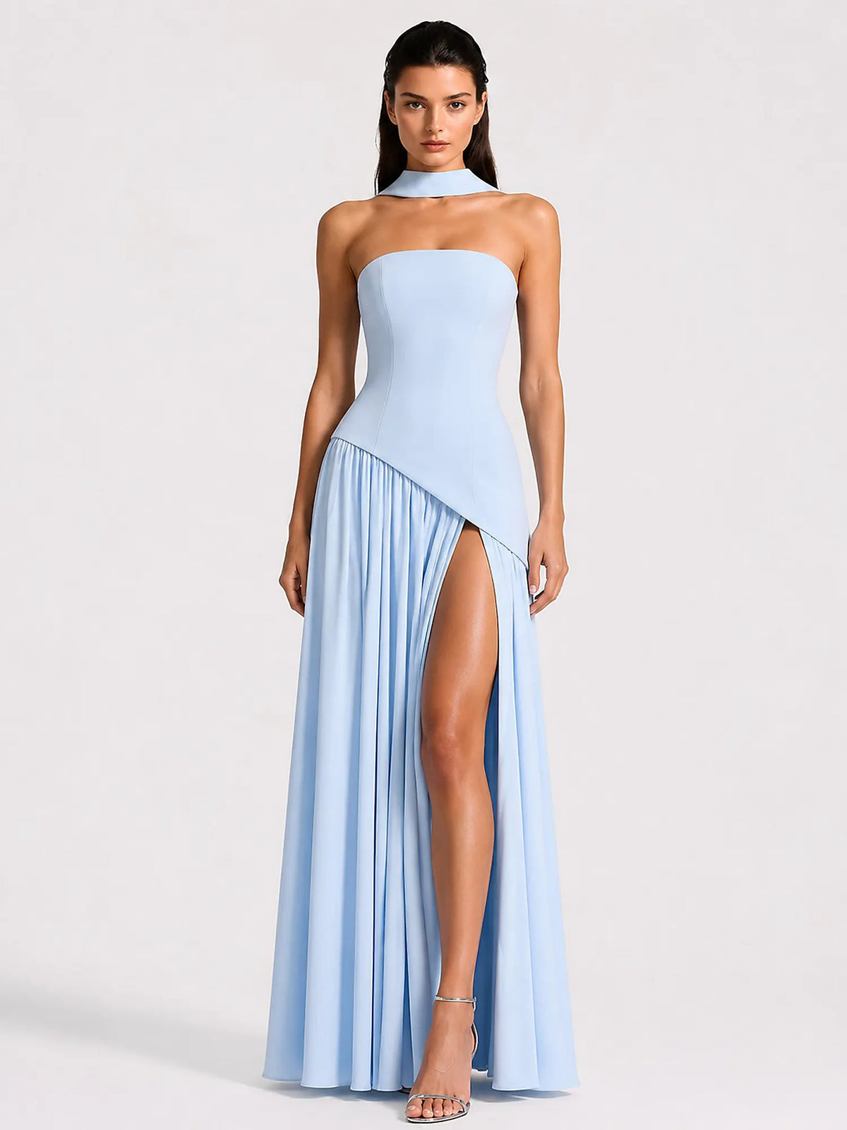 Celeste Strapless Ruched Slit Maxi Dress In Blue
