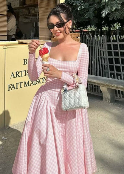 Long Sleeve Midi Dress Lightweight Pink Gingham