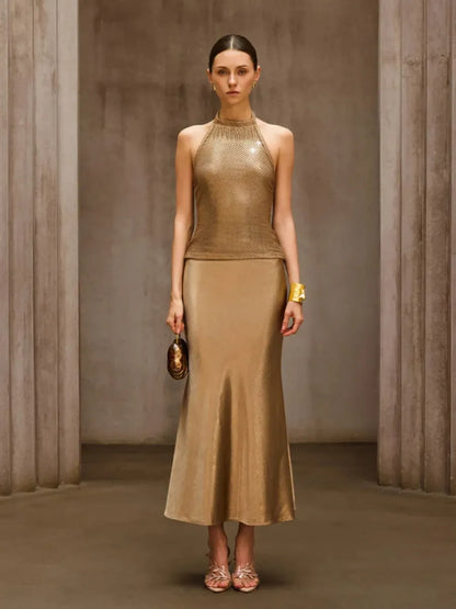 Seraphina Halter Knit & Satin Two-Piece Midi Dress