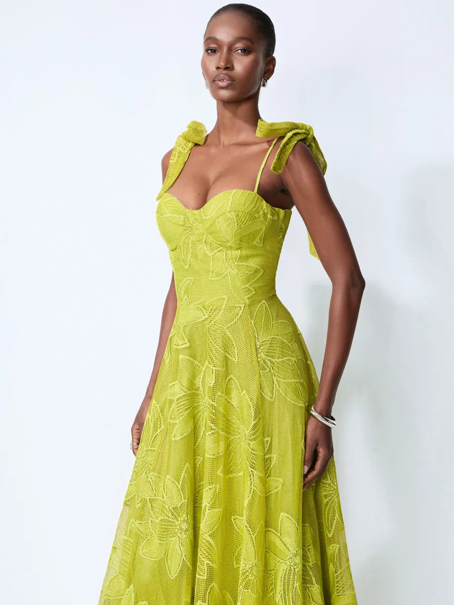 Ariana Romance Green Floral Lace Bow Strap Maxi Dress
